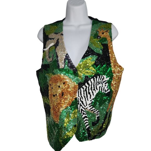 Vintage 80s 90s Sequin Animals Vest With Adjustable Tie In Back Sz M Unisex - Picture 1 of 5